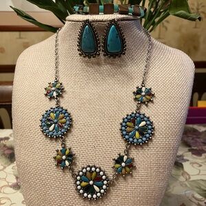 SQUASH BLOSSOM NECKLACE WITH SILVER PIERCED EARRINGS AND GLASS BRACELET